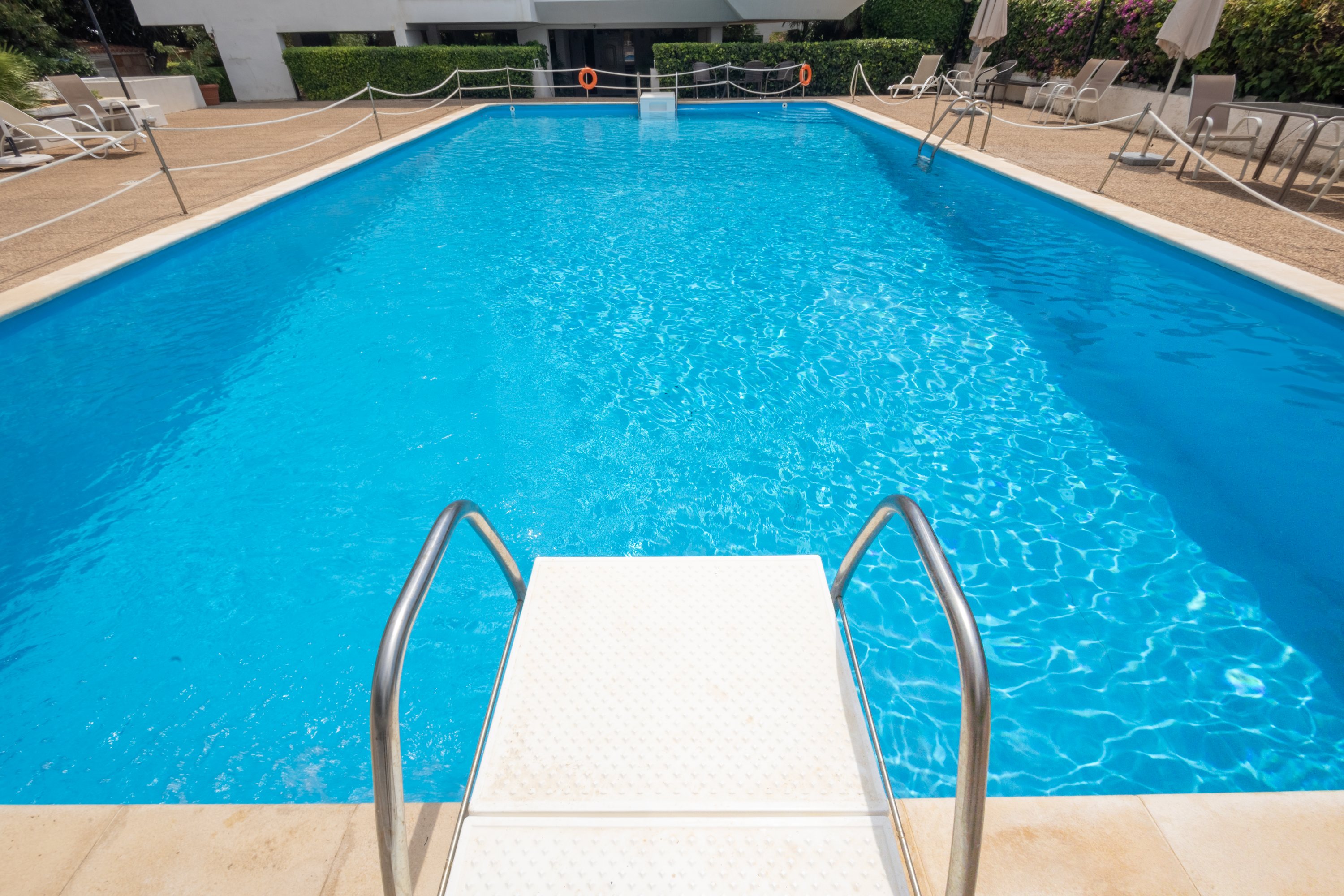 Water-level view of the shared residential swimming pool